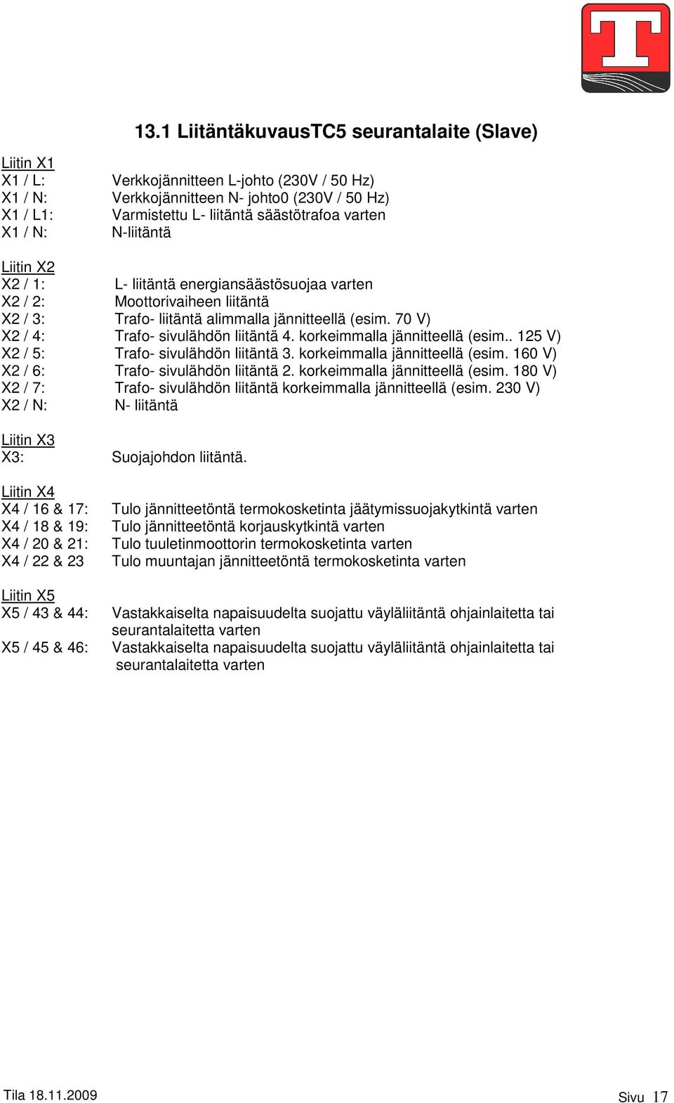 70 V) X2 / 4: Trafo- sivulähdön liitäntä 4. korkeimmalla jännitteellä (esim.. 25 V) X2 / 5: Trafo- sivulähdön liitäntä 3. korkeimmalla jännitteellä (esim. 60 V) X2 / 6: Trafo- sivulähdön liitäntä 2.