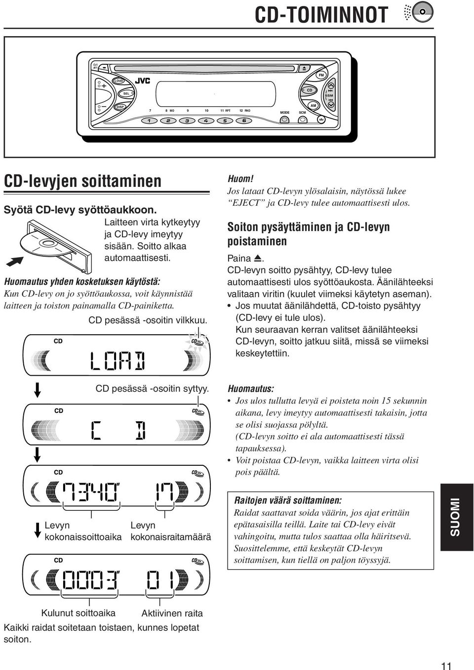 Jos lataat -levyn ylösalaisin, näytössä lukee EJECT ja -levy tulee automaattisesti ulos. Soiton pysäyttäminen ja -levyn poistaminen Paina 0.