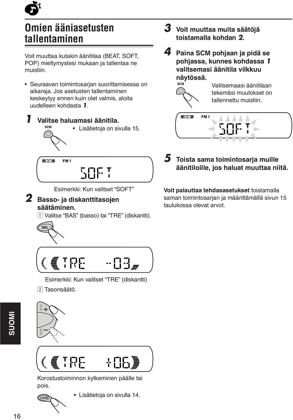 4 Paina pohjaan ja pidä se pohjassa, kunnes kohdassa 1 valitsemasi äänitila vilkkuu näytössä. Valitsemaasi äänitilaan tekemäsi muutokset on tallennettu muistiin.