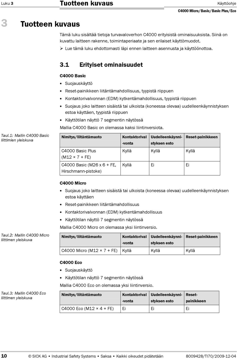 1 Erityiset ominaisuudet C4000 Basic Suojauskäyttö Reset-painikkeen liitäntämahdollisuus, tyypistä riippuen Kontaktorivalvonnan (EDM) kytkentämahdollisuus, tyypistä riippuen Suojaus joko laitteen