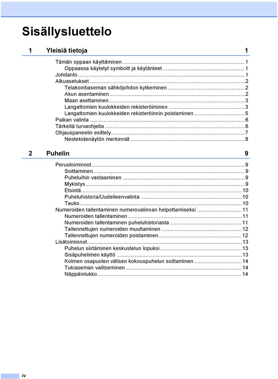 ..6 Ohjauspaneelin esittely...7 Nestekidenäytön merkinnät...8 2 Puhelin 9 Perustoiminnot...9 Soittaminen...9 Puheluihin vastaaminen...9 Mykistys...9 Etsintä...10 Puheluhistoria/Uudelleenvalinta.