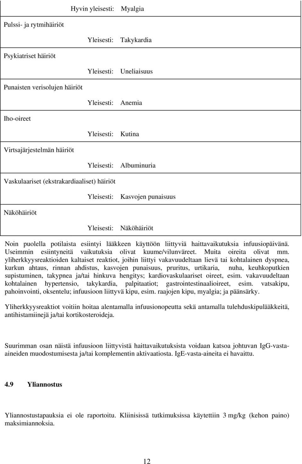 lääkkeen käyttöön liittyviä haittavaikutuksia infuusiopäivänä. Useimmin esiintyneitä vaikutuksia olivat kuume/vilunväreet. Muita oireita olivat mm.