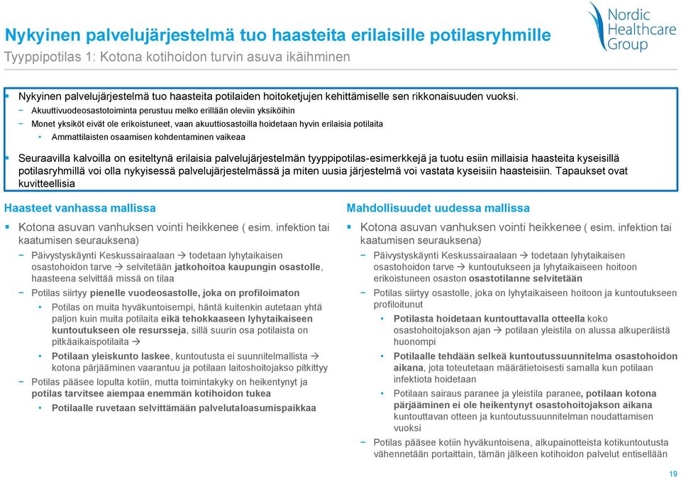 Akuuttivuodeosastotoiminta perustuu melko erillään oleviin yksiköihin Monet yksiköt eivät ole erikoistuneet, vaan akuuttiosastoilla hoidetaan hyvin erilaisia potilaita Ammattilaisten osaamisen