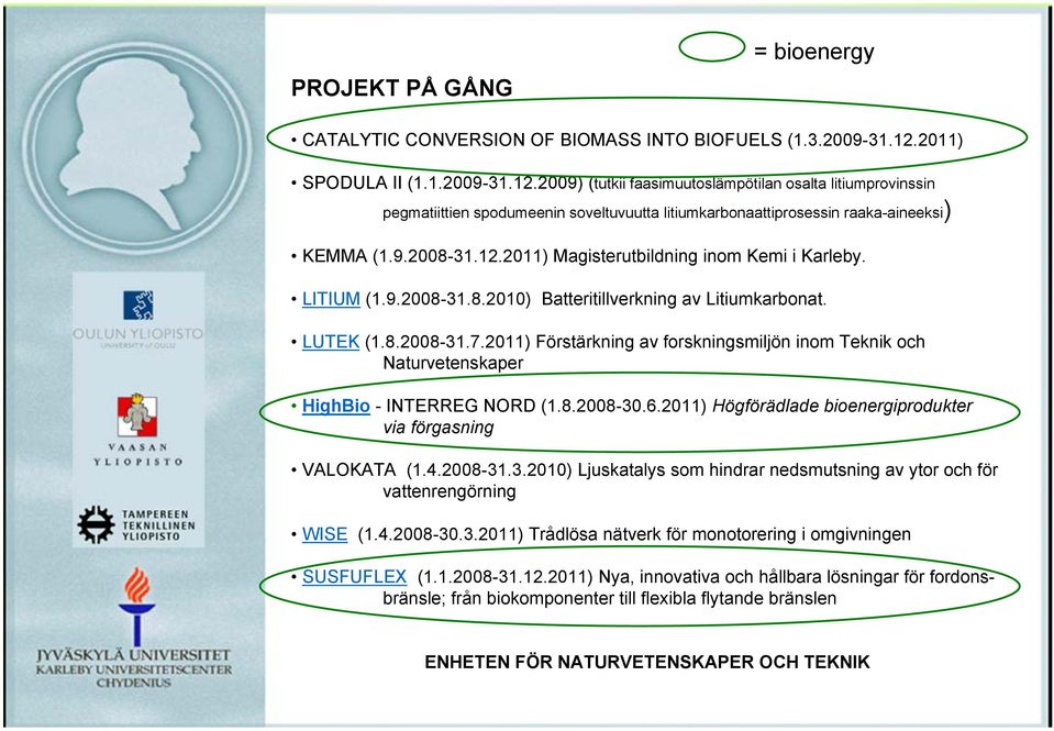 LITIUM (1.9.2008-31.8.2010) Batteritillverkning av Litiumkarbonat. LUTEK (1.8.2008-31.7.2011) Förstärkning av forskningsmiljön inom Teknik och Naturvetenskaper HighBio - INTERREG NORD (1.8.2008-30.6.