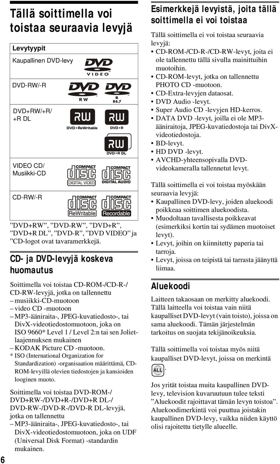 CD- ja DVD-levyjä koskeva huomautus Soittimella voi toistaa CD-ROM-/CD-R-/ CD-RW-levyjä, jotka on tallennettu musiikki-cd-muotoon video CD -muotoon MP3-ääniraita-, JPEG-kuvatiedosto-, tai