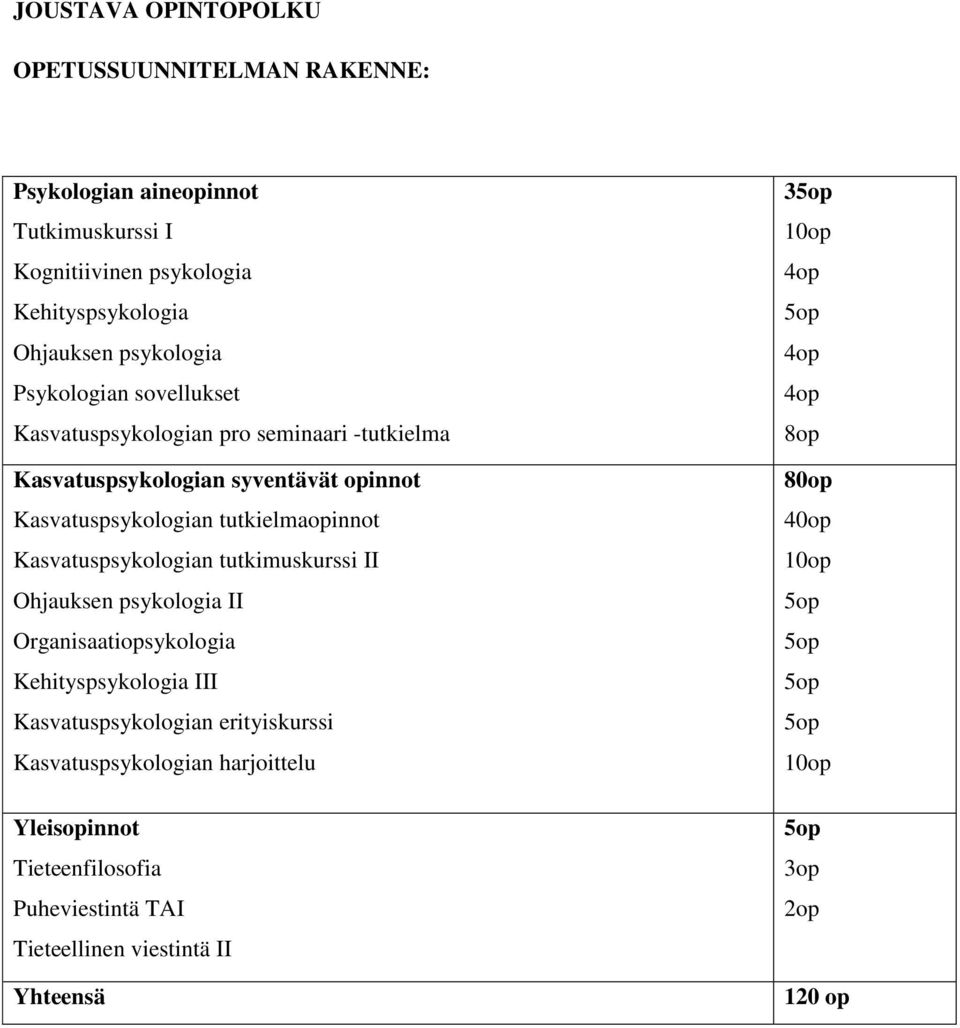 Kasvatuspsykologian tutkimuskurssi II Ohjauksen psykologia II Organisaatiopsykologia Kehityspsykologia III Kasvatuspsykologian erityiskurssi