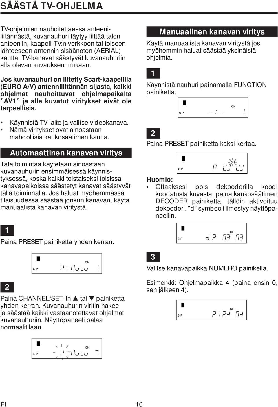 Jos kuvanauhuri on liitetty Scart-kaapelilla (EURO A/V) antenniliitännän sijasta, kaikki ohjelmat nauhoittuvat ohjelmapaikalta AV ja alla kuvatut viritykset eivät ole tarpeellisia.