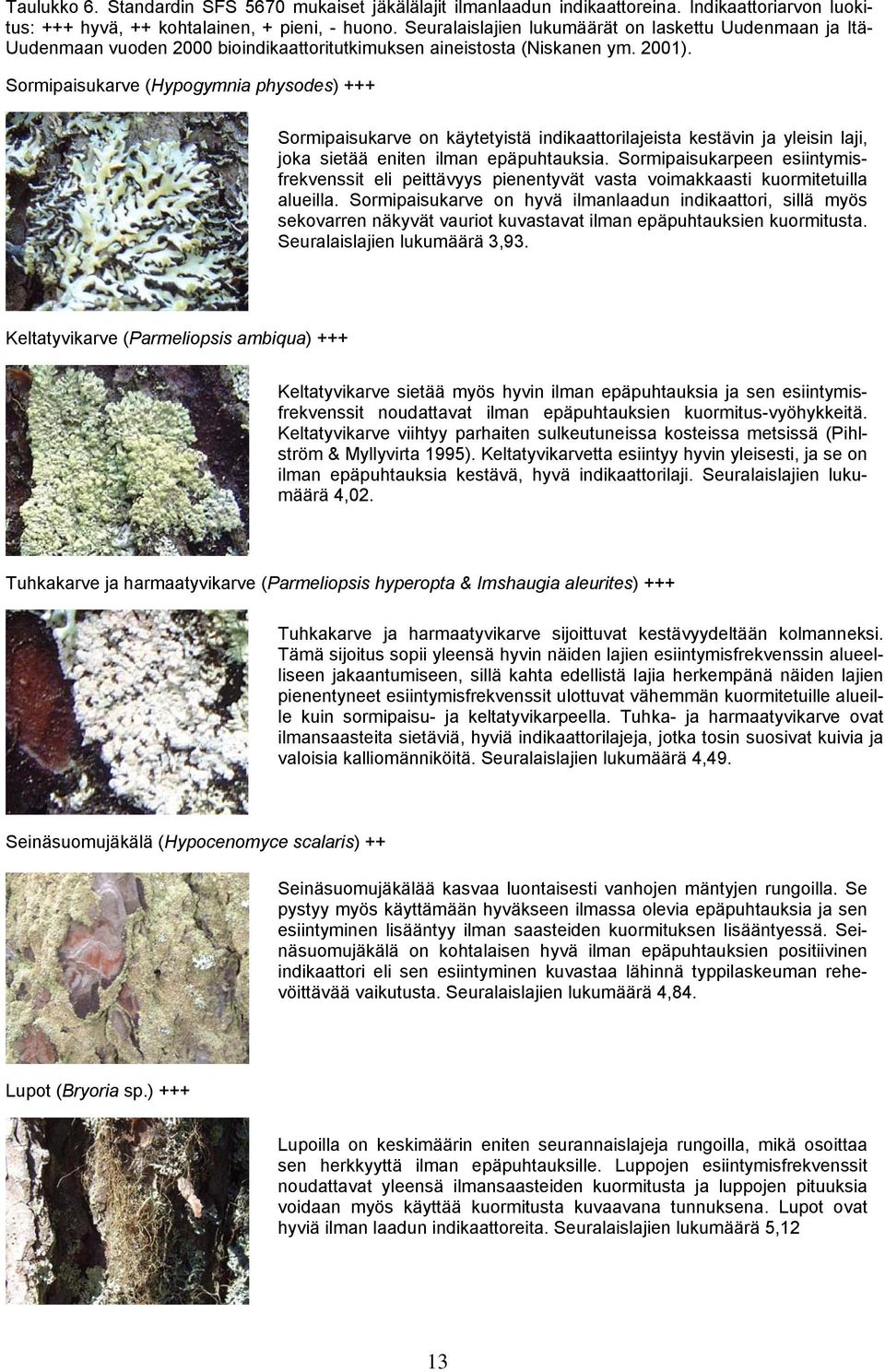 Sormipaisukarve (Hypogymnia physodes) +++ Sormipaisukarve on käytetyistä indikaattorilajeista kestävin ja yleisin laji, joka sietää eniten ilman epäpuhtauksia.