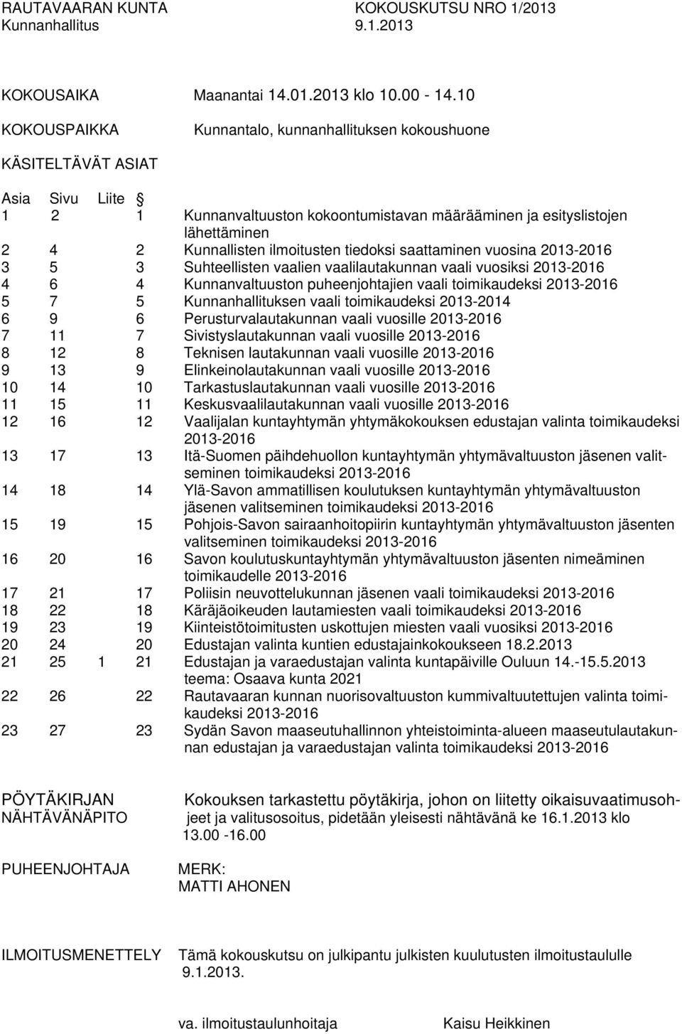 ilmoitusten tiedoksi saattaminen vuosina 2013-2016 3 5 3 Suhteellisten vaalien vaalilautakunnan vaali vuosiksi 2013-2016 4 6 4 Kunnanvaltuuston puheenjohtajien vaali toimikaudeksi 2013-2016 5 7 5