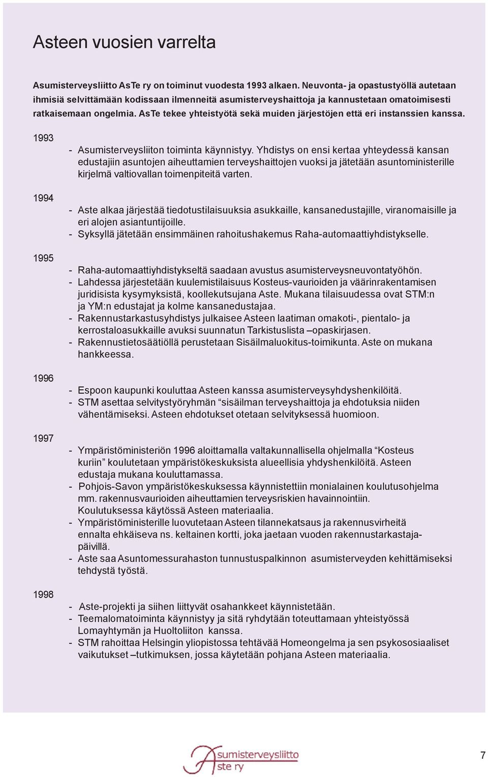 AsTe tekee yhteistyötä sekä muiden järjestöjen että eri instanssien kanssa. 1993 1994 1995 1996 1997 1998 - Asumisterveysliiton toiminta käynnistyy.