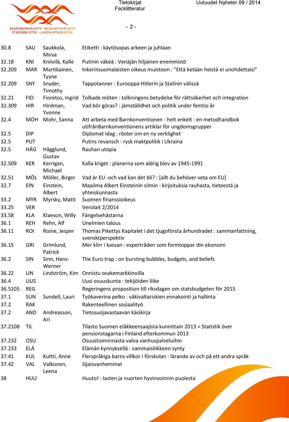 21 FIO Fioretos, Ingrid Tolkade möten : tolkningens betydelse för rättsäkerhet och integration 32.309 HIR Hirdman, Vad bör göras? : jämställdhet och politik under femtio år Yvonne 32.