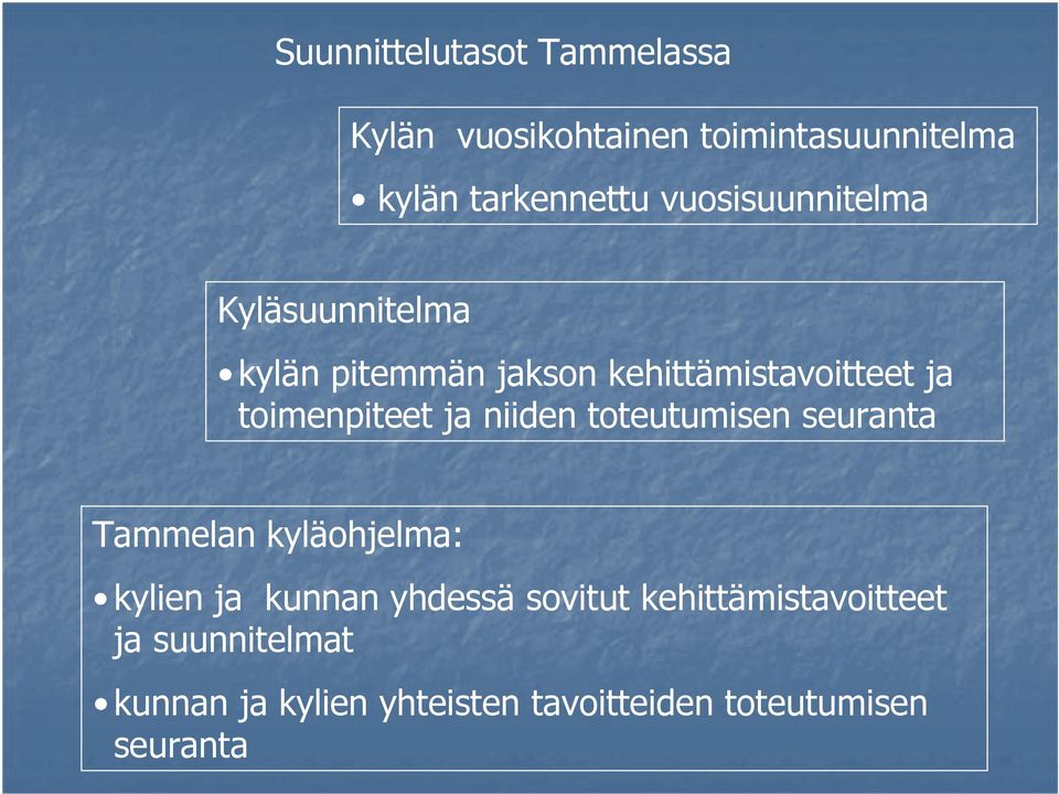 toimenpiteet ja niiden toteutumisen seuranta Tammelan kyläohjelma: kylien ja kunnan