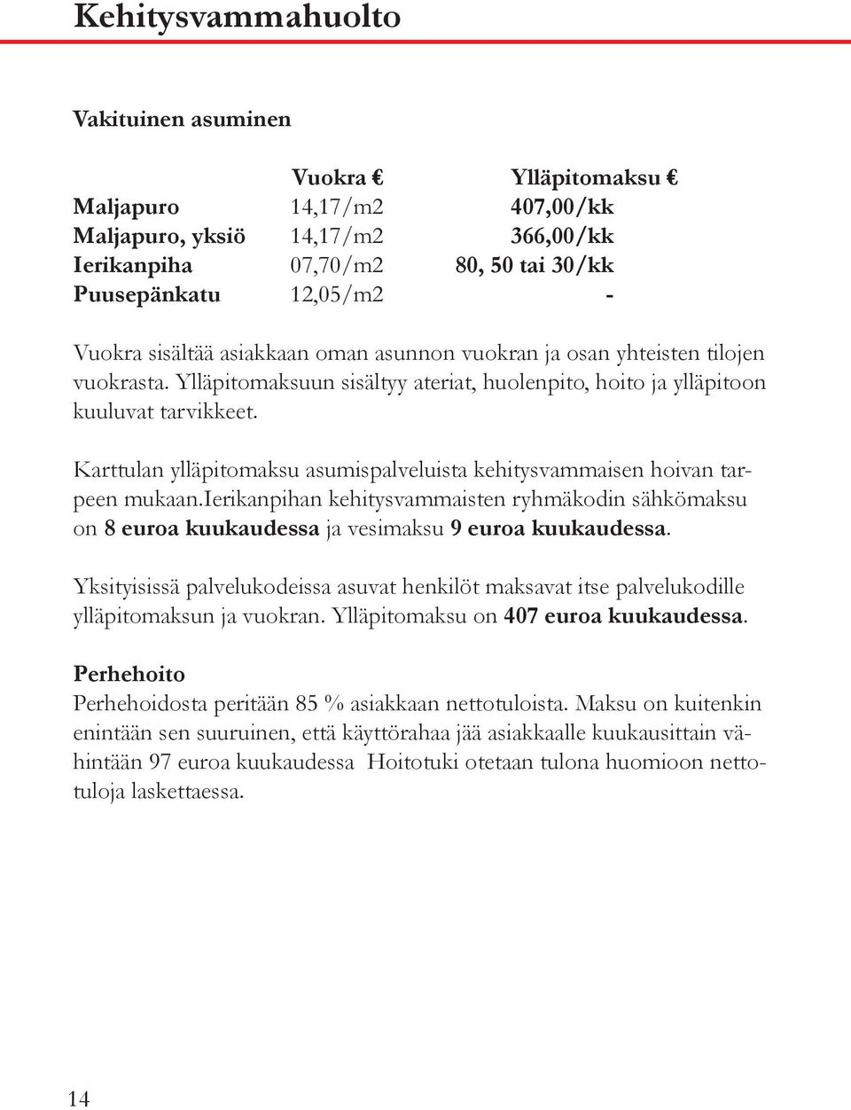 Karttulan ylläpitomaksu asumispalveluista kehitysvammaisen hoivan tarpeen mukaan.ierikanpihan kehitysvammaisten ryhmäkodin sähkömaksu on 8 euroa kuukaudessa ja vesimaksu 9 euroa kuukaudessa.