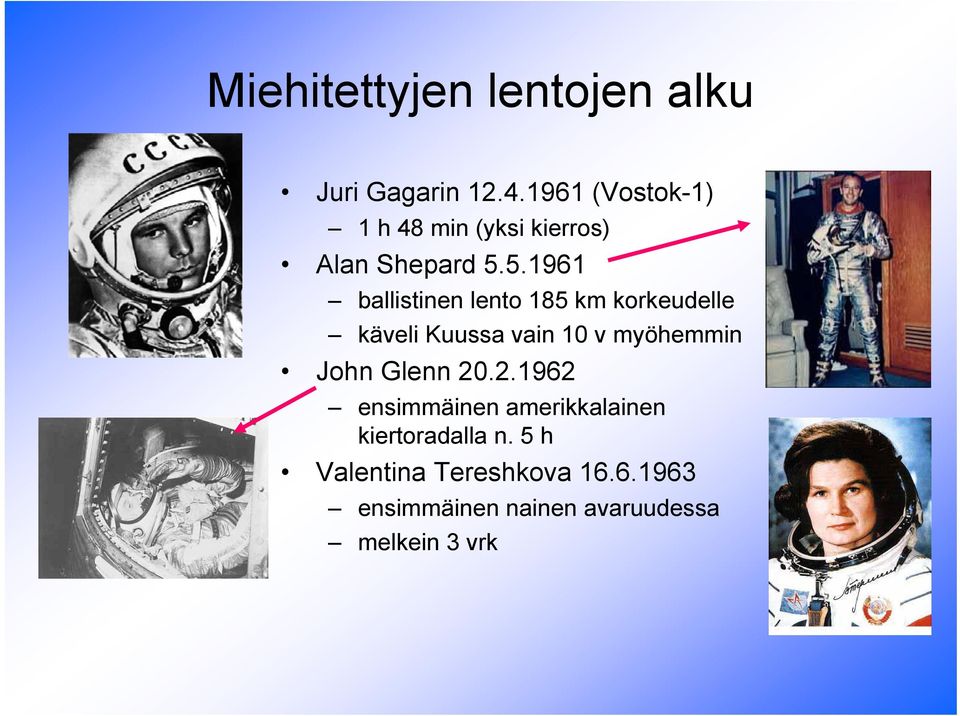 5.1961 ballistinen lento 185 km korkeudelle käveli Kuussa vain 10 v myöhemmin