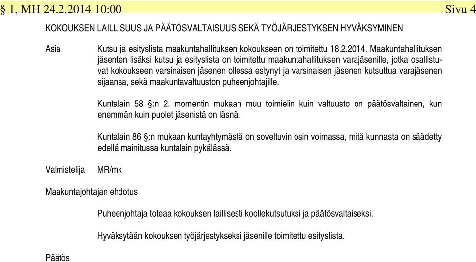 Maakuntahallituksen jäsenten lisäksi kutsu ja esityslista on toimitettu maakuntahallituksen varajäsenille, jotka osallistuvat kokoukseen varsinaisen jäsenen ollessa estynyt ja varsinaisen jäsenen