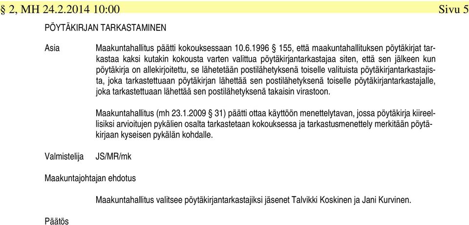 postilähetyksenä toiselle valituista pöytäkirjantarkastajista, joka tarkastettuaan pöytäkirjan lähettää sen postilähetyksenä toiselle pöytäkirjantarkastajalle, joka tarkastettuaan lähettää sen