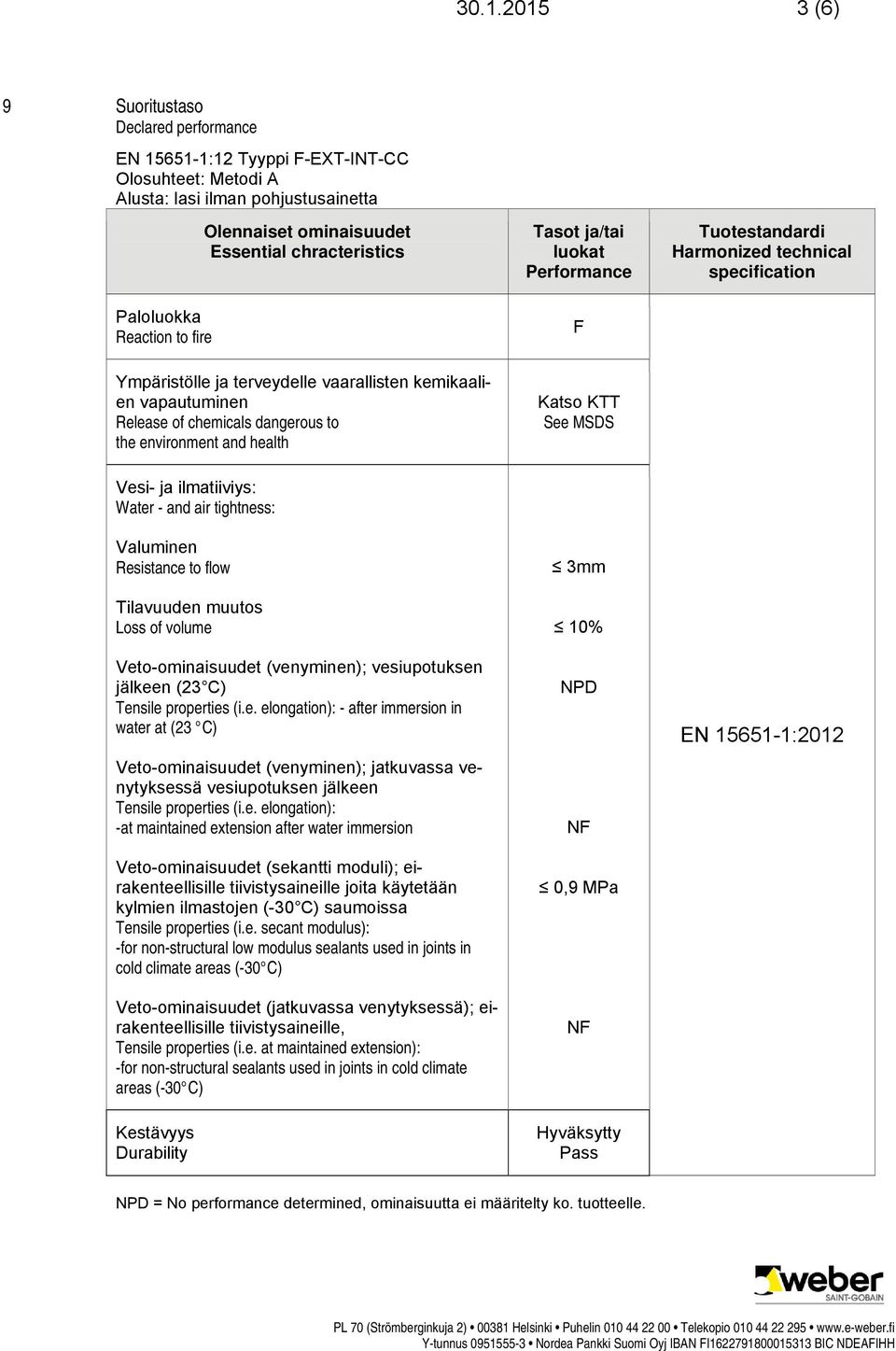 e. elongation): -at maintained extension after water immersion Veto-ominaisuudet (sekantti moduli); eirakenteellisille tiivistysaineille joita käytetään kylmien ilmastojen (-30 C) saumoissa Tensile