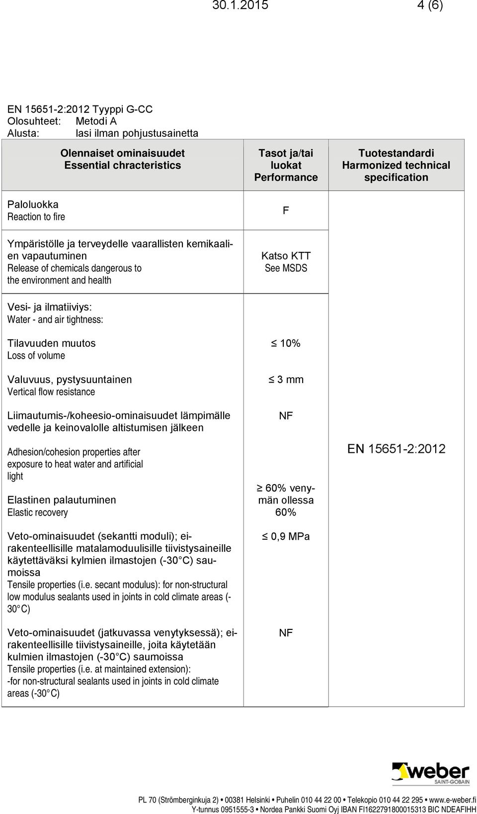 artificial light Elastinen palautuminen Elastic recovery Veto-ominaisuudet (sekantti moduli); eirakenteellisille matalamoduulisille tiivistysaineille käytettäväksi kylmien ilmastojen (-30 C)