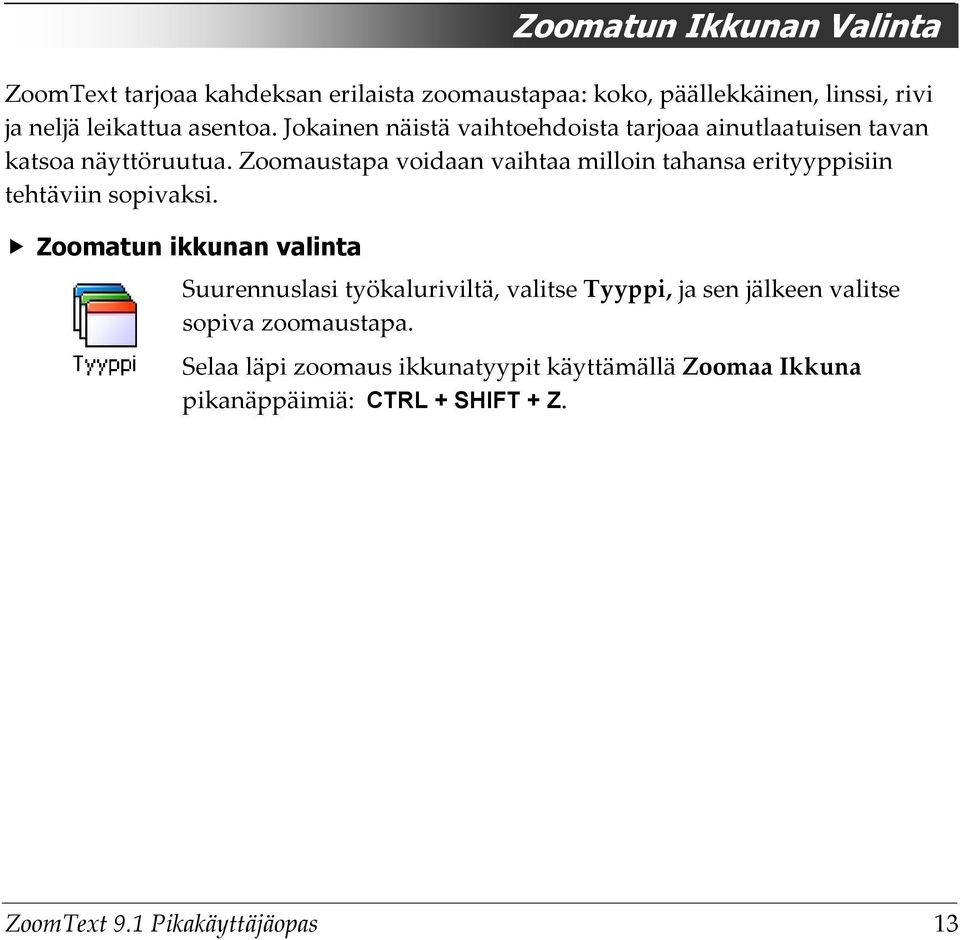 Zoomaustapa voidaan vaihtaa milloin tahansa erityyppisiin tehtäviin sopivaksi.