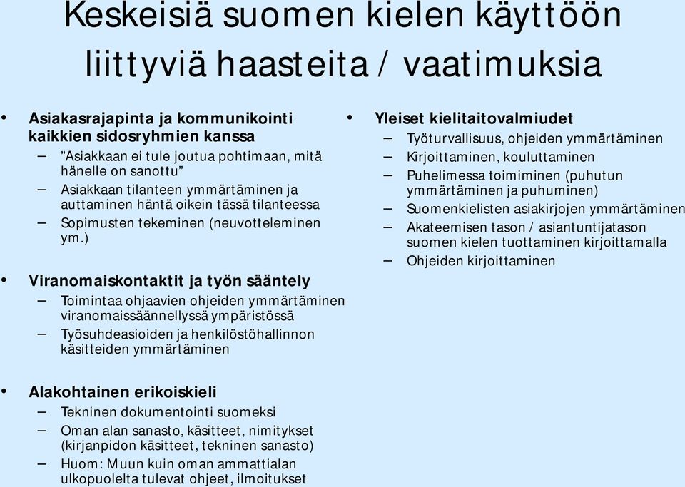 ) Viranomaiskontaktit ja työn sääntely Toimintaa ohjaavien ohjeiden ymmärtäminen viranomaissäännellyssä ympäristössä Työsuhdeasioiden ja henkilöstöhallinnon käsitteiden ymmärtäminen Alakohtainen