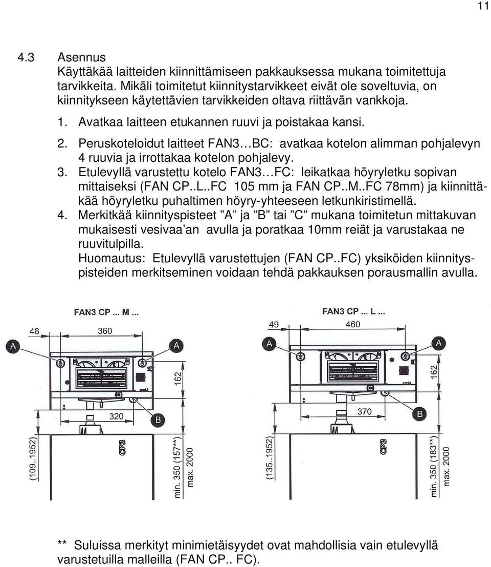 Peruskoteloidut laitteet FAN3 BC: avatkaa kotelon alimman pohjalevyn 4 ruuvia ja irrottakaa kotelon pohjalevy. 3.