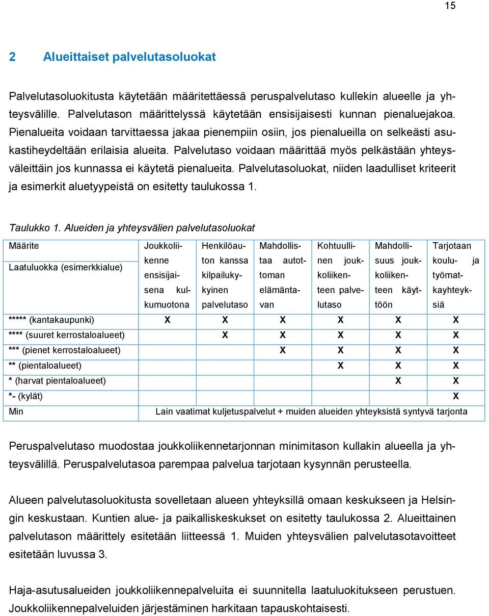 Palvelutaso voidaan määrittää myös pelkästään yhteysväleittäin jos kunnassa ei käytetä pienalueita. Palvelutasoluokat, niiden laadulliset kriteerit ja esimerkit aluetyypeistä on esitetty taulukossa 1.