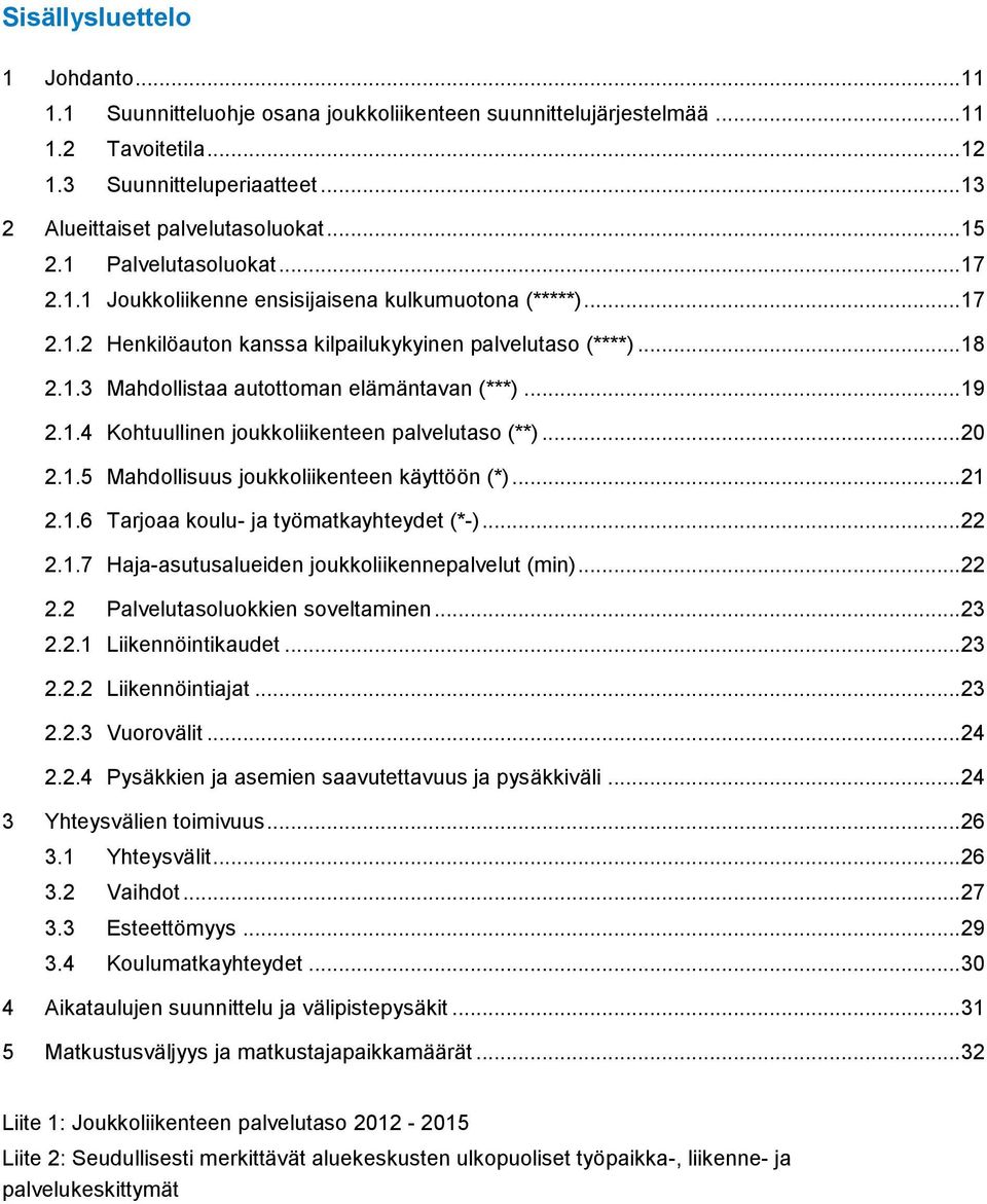 .. 19 2.1.4 Kohtuullinen joukkoliikenteen palvelutaso (**)... 20 2.1.5 Mahdollisuus joukkoliikenteen käyttöön (*)... 21 2.1.6 Tarjoaa koulu- ja työmatkayhteydet (*-)... 22 2.1.7 Haja-asutusalueiden joukkoliikennepalvelut (min).