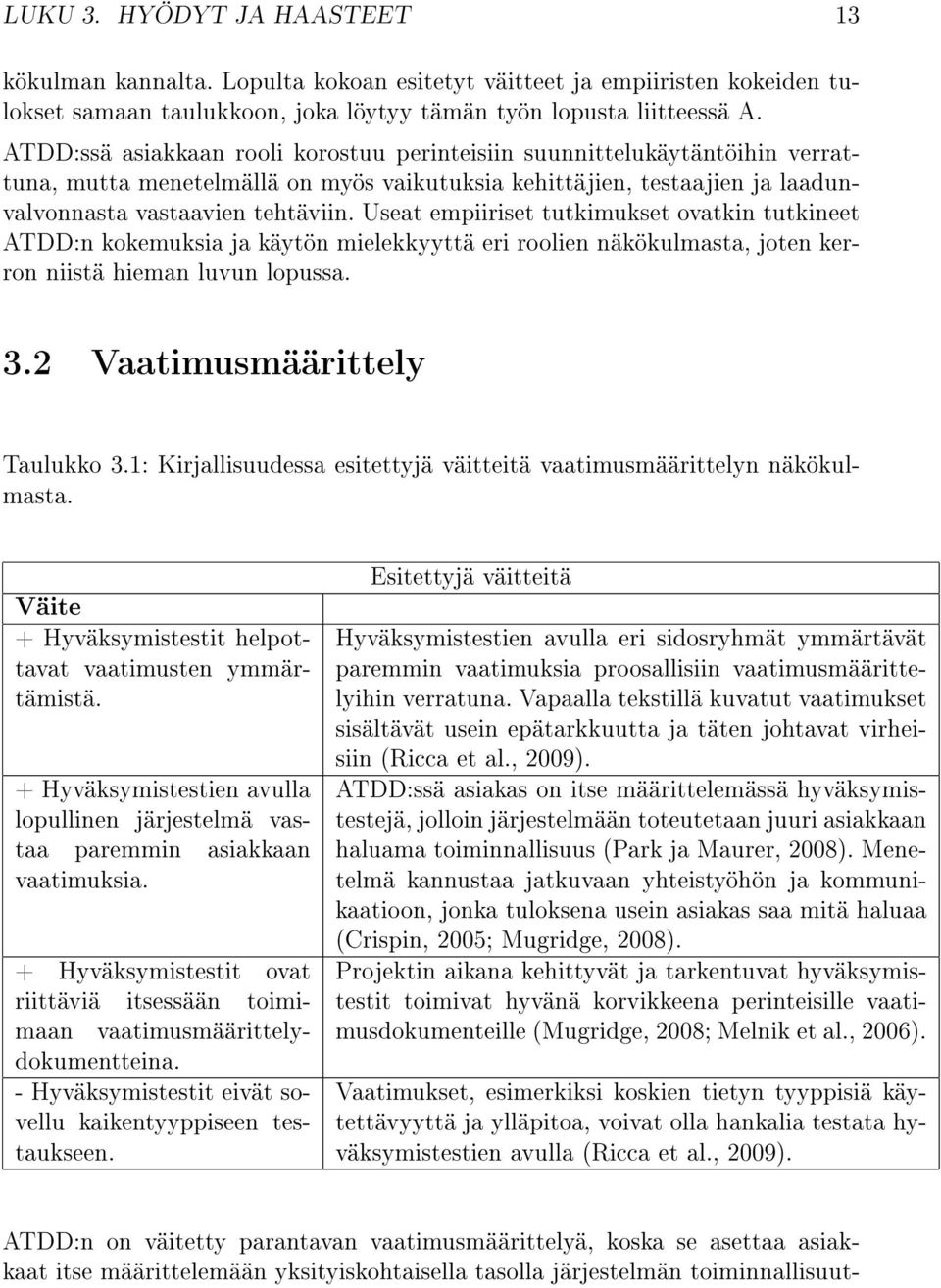 Useat empiiriset tutkimukset ovatkin tutkineet ATDD:n kokemuksia ja käytön mielekkyyttä eri roolien näkökulmasta, joten kerron niistä hieman luvun lopussa. 3.2 Vaatimusmäärittely Taulukko 3.