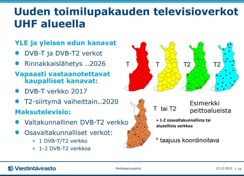 .2026 Vapaasti vastaanotettavat kaupalliset kanavat: DVB-T verkko 2017 T2-siirtymä vaiheittain.
