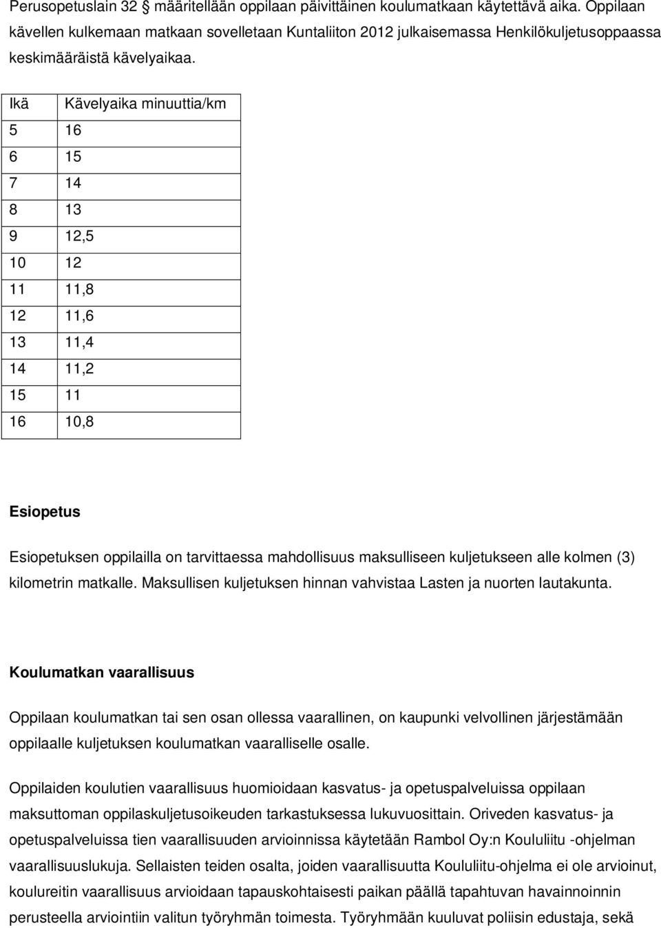 Ikä Kävelyaika minuuttia/km 5 16 6 15 7 14 8 13 9 12,5 10 12 11 11,8 12 11,6 13 11,4 14 11,2 15 11 16 10,8 Esiopetus Esiopetuksen oppilailla on tarvittaessa mahdollisuus maksulliseen kuljetukseen