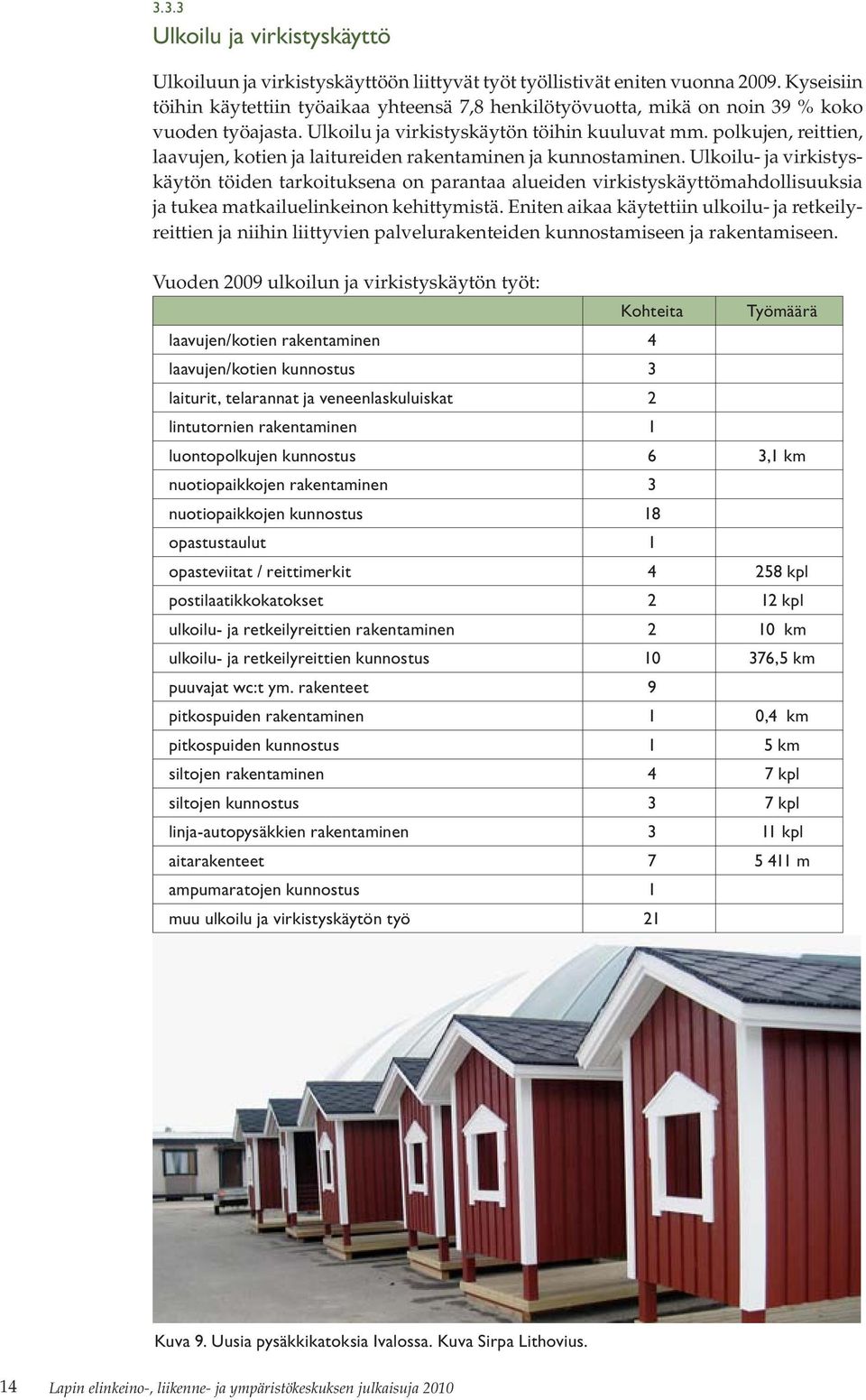 polkujen, reittien, laavujen, kotien ja laitureiden rakentaminen ja kunnostaminen.