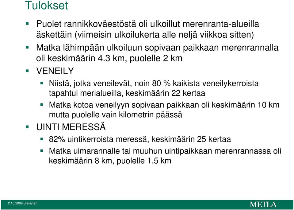 3 km, puolelle 2 km VENEILY Niistä, jotka veneilevät, noin 80 % kaikista veneilykerroista tapahtui merialueilla, keskimäärin 22 kertaa Matka kotoa