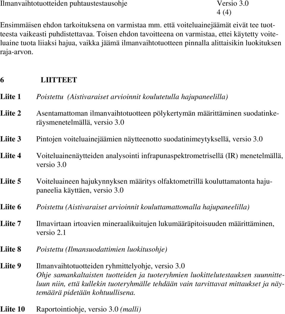 6 LIITTEET Liite 1 Liite 2 Poistettu (Aistivaraiset arvioinnit koulutetulla hajupaneelilla) Asentamattoman ilmanvaihtotuotteen pölykertymän määrittäminen suodatinkeräysmenetelmällä, versio 3.