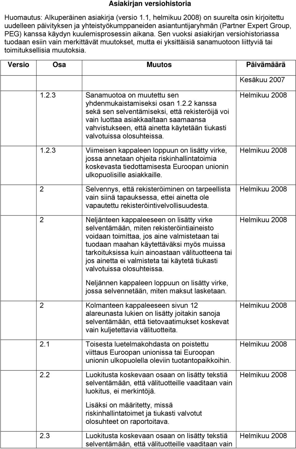 Sen vuoksi asiakirjan versiohistoriassa tuodaan esiin vain merkittävät muutokset, mutta ei yksittäisiä sanamuotoon liittyviä tai toimituksellisia muutoksia.