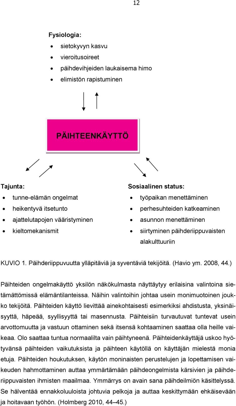 Päihderiippuvuutta ylläpitäviä ja syventäviä tekijöitä. (Havio ym. 2008, 44.) Päihteiden ongelmakäyttö yksilön näkökulmasta näyttäytyy erilaisina valintoina sietämättömissä elämäntilanteissa.