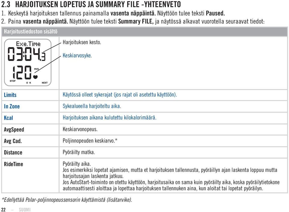 Limits Käytössä olleet sykerajat (jos rajat oli asetettu käyttöön). In Zone Sykealueella harjoiteltu aika. Kcal Harjoituksen aikana kulutettu kilokalorimäärä. AvgSpeed Keskiarvonopeus. Avg Cad.