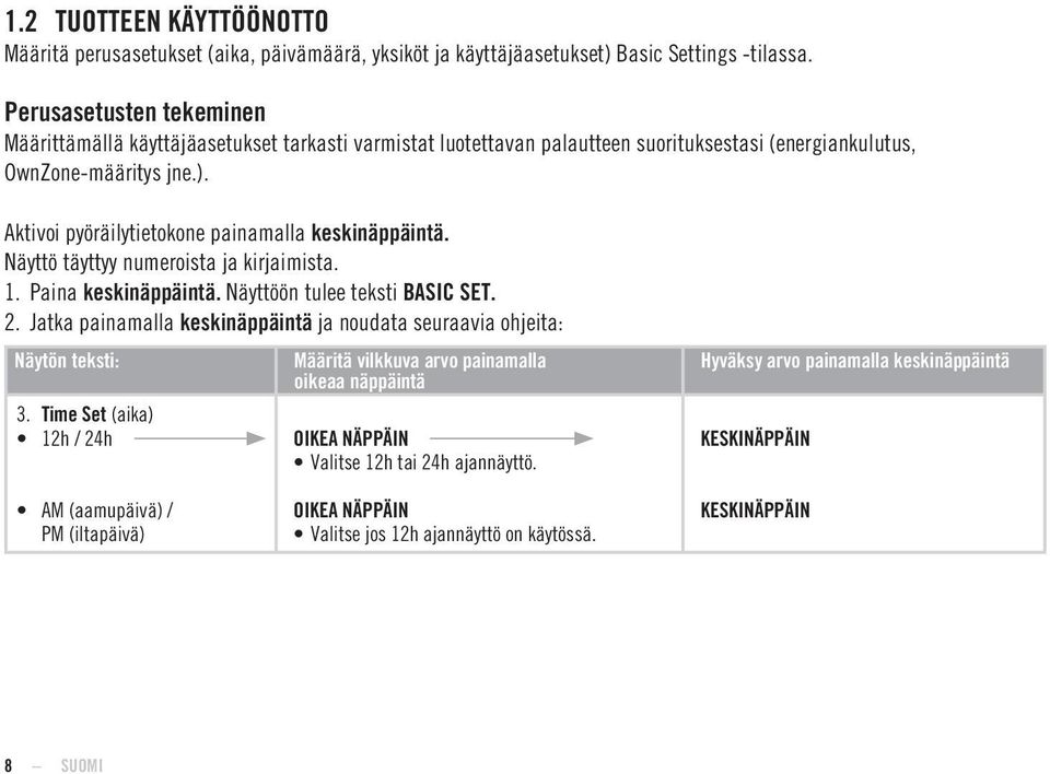 Aktivoi pyöräilytietokone painamalla keskinäppäintä. Näyttö täyttyy numeroista ja kirjaimista. 1. Paina keskinäppäintä. Näyttöön tulee teksti BASIC SET. 2.