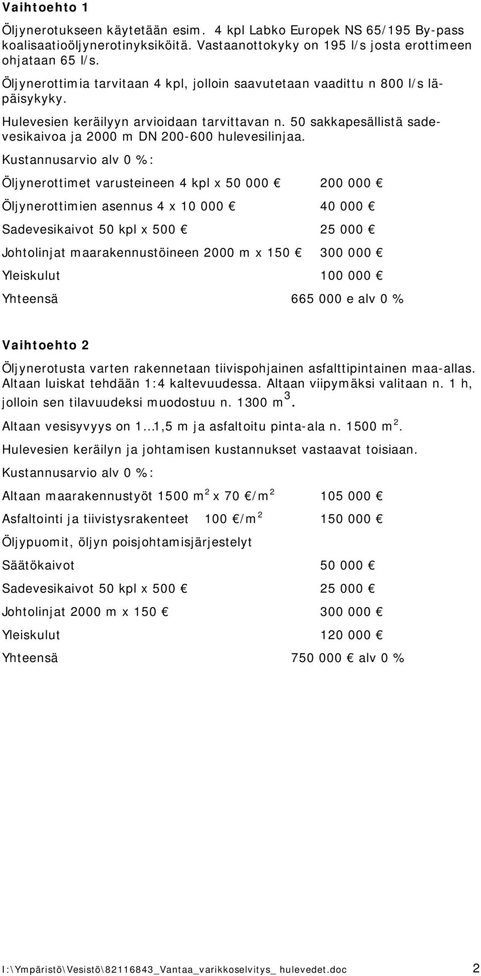 50 sakkapesällistä sadevesikaivoa ja 2000 m DN 200 600 hulevesilinjaa.