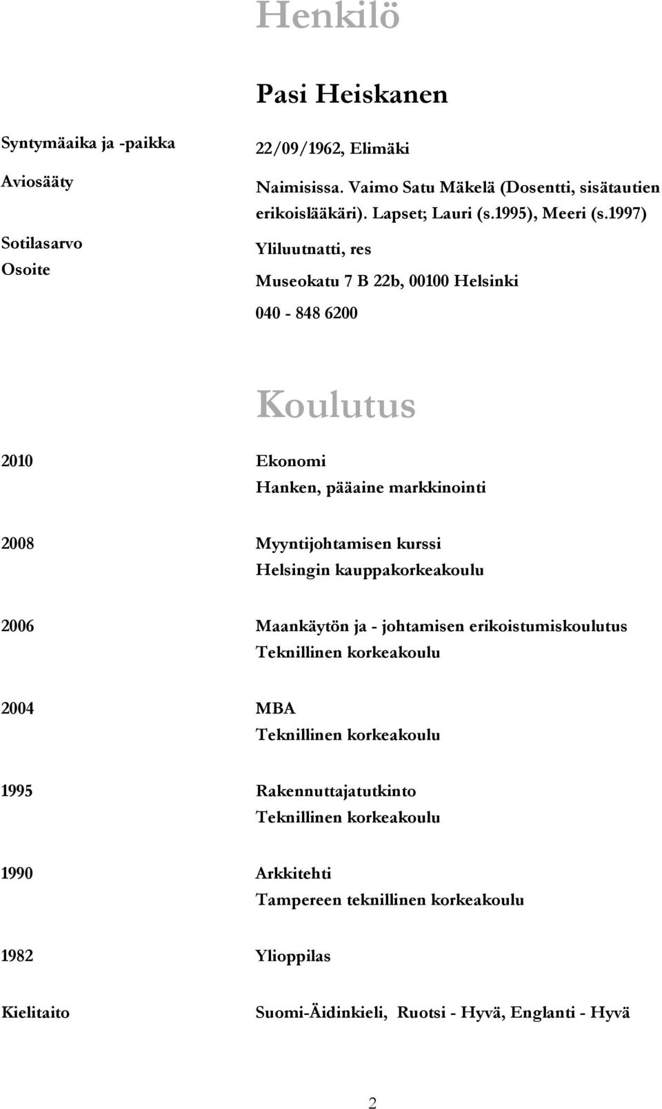 1997) Yliluutnatti, res Museokatu 7 B 22b, 00100 Helsinki 040-848 6200 2010 Ekonomi Koulutus Hanken, pääaine markkinointi 2008 Myyntijohtamisen kurssi Helsingin