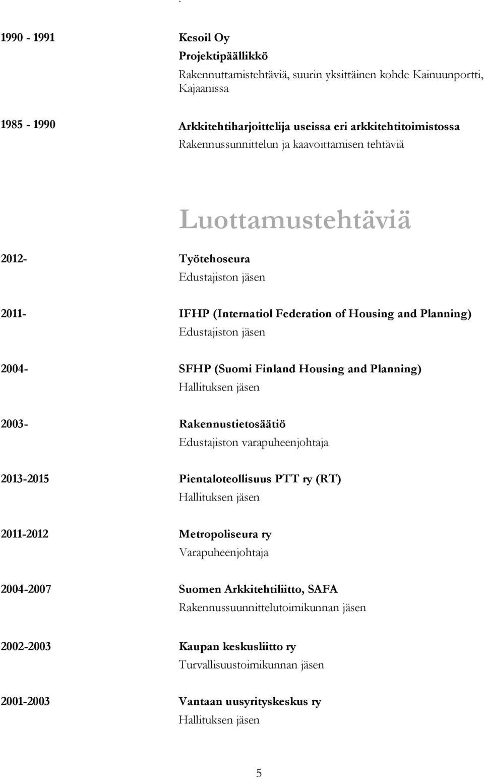 (Suomi Finland Housing and Planning) Hallituksen jäsen 2003- Rakennustietosäätiö Edustajiston varapuheenjohtaja 2013-2015 Pientaloteollisuus PTT ry (RT) Hallituksen jäsen 2011-2012 Metropoliseura