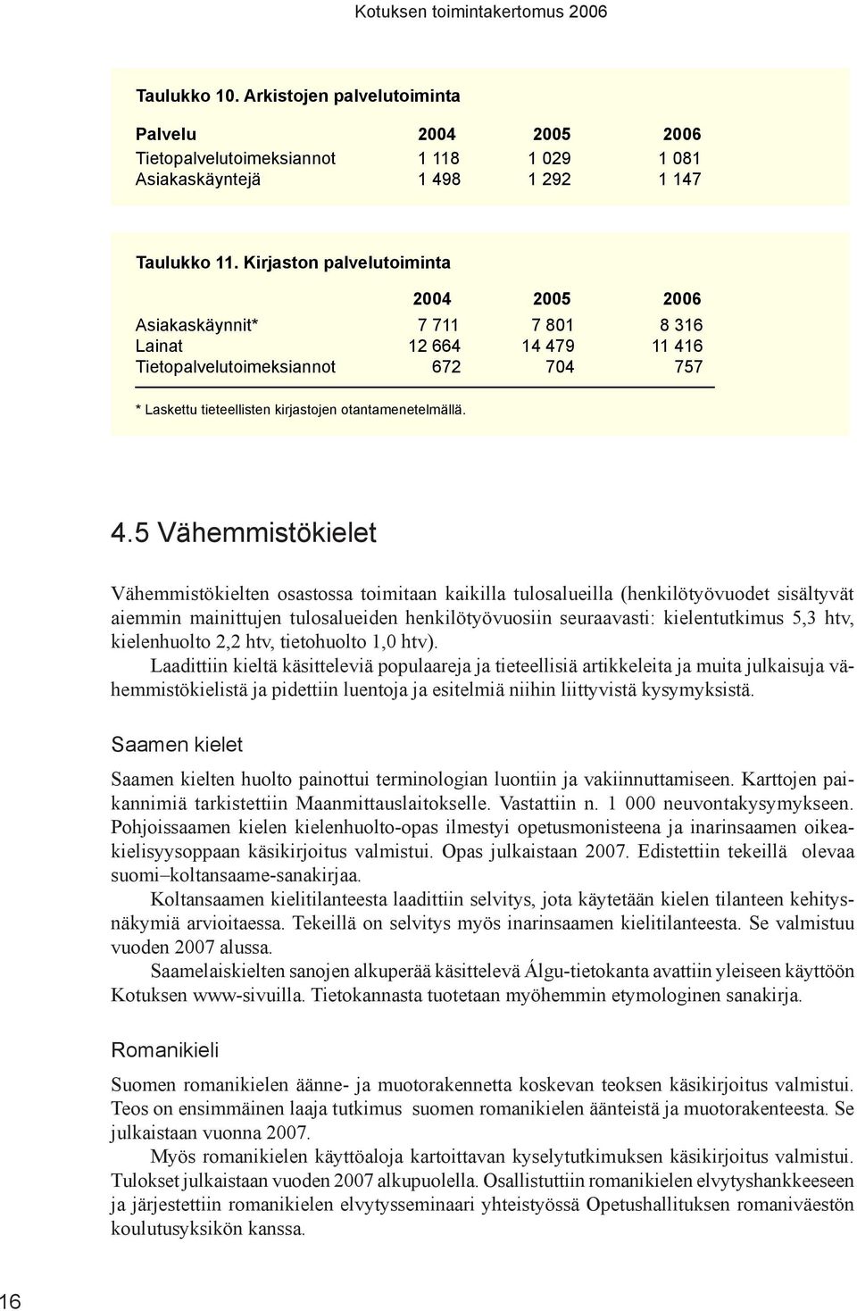 4.5 Vähemmistökielet Vähemmistökielten osastossa toimitaan kaikilla tulosalueilla (henkilötyövuodet sisältyvät aiemmin mainittujen tulosalueiden henkilötyövuosiin seuraavasti: kielentutkimus 5,3 htv,