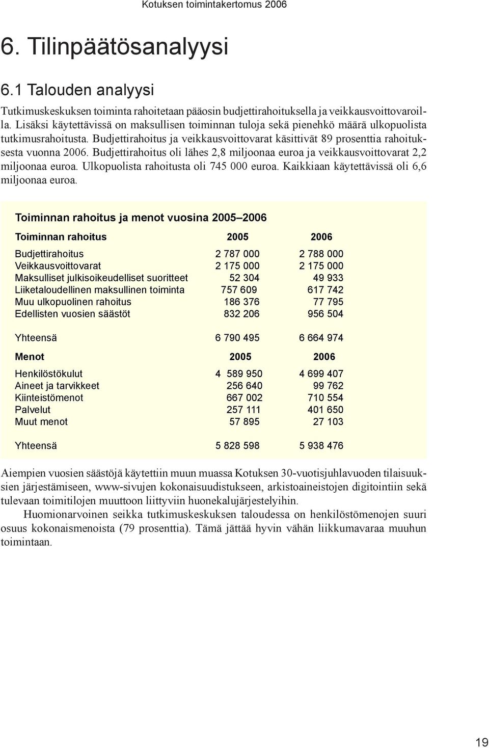 Budjettirahoitus oli lähes 2,8 miljoonaa euroa ja veikkausvoittovarat 2,2 miljoonaa euroa. Ulkopuolista rahoitusta oli 745 000 euroa. Kaikkiaan käytettävissä oli 6,6 miljoonaa euroa.