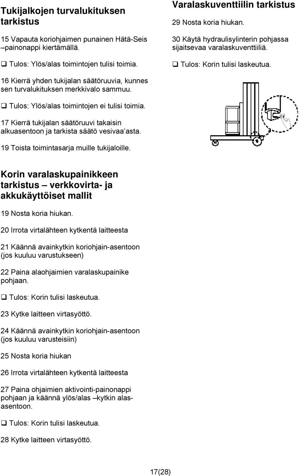 16 Kierrä yhden tukijalan säätöruuvia, kunnes sen turvalukituksen merkkivalo sammuu. Tulos: Ylös/alas toimintojen ei tulisi toimia.