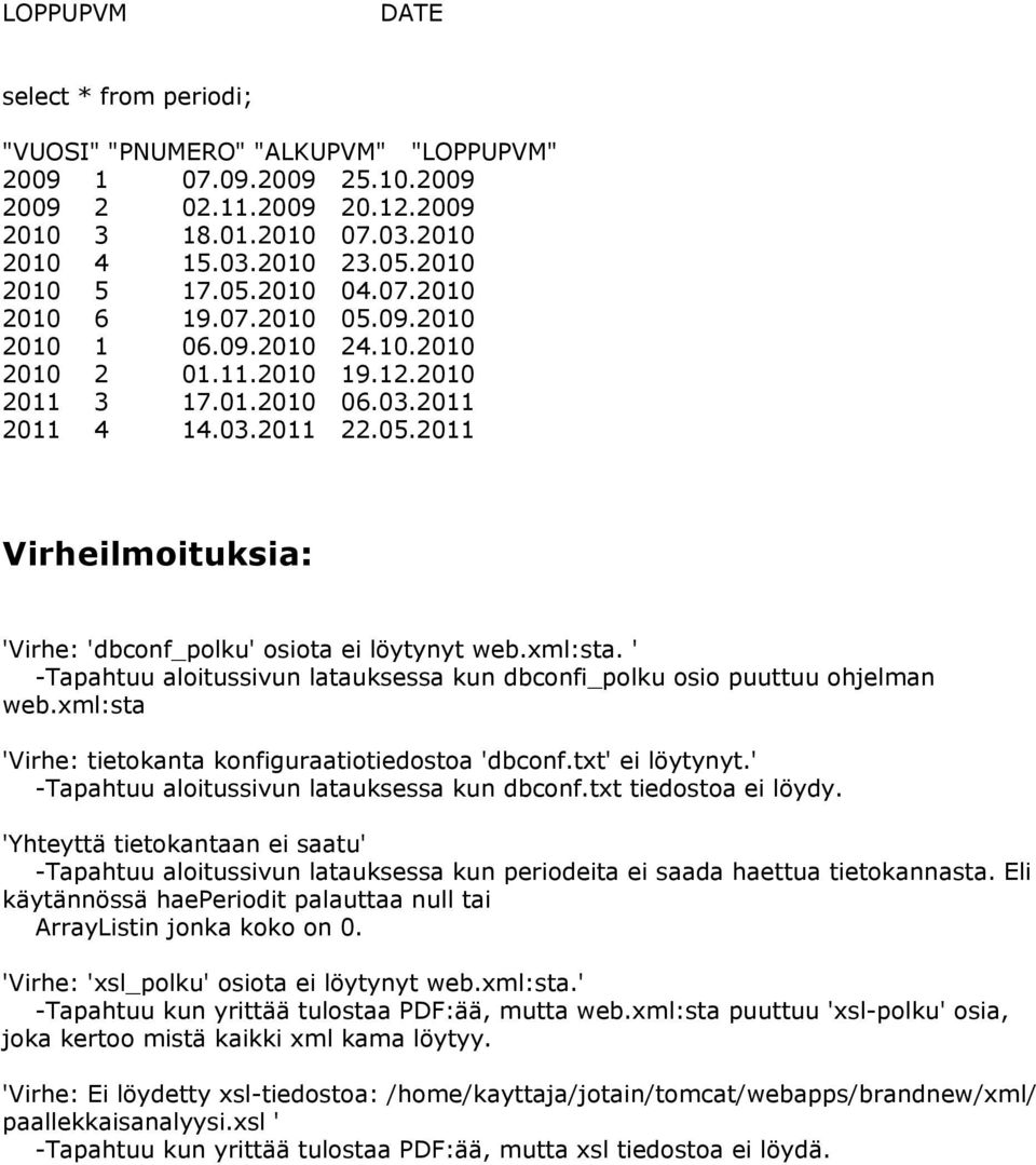 xml:sta. ' -Tapahtuu aloitussivun latauksessa kun dbconfi_polku osio puuttuu ohjelman web.xml:sta 'Virhe: tietokanta konfiguraatiotiedostoa 'dbconf.txt' ei löytynyt.