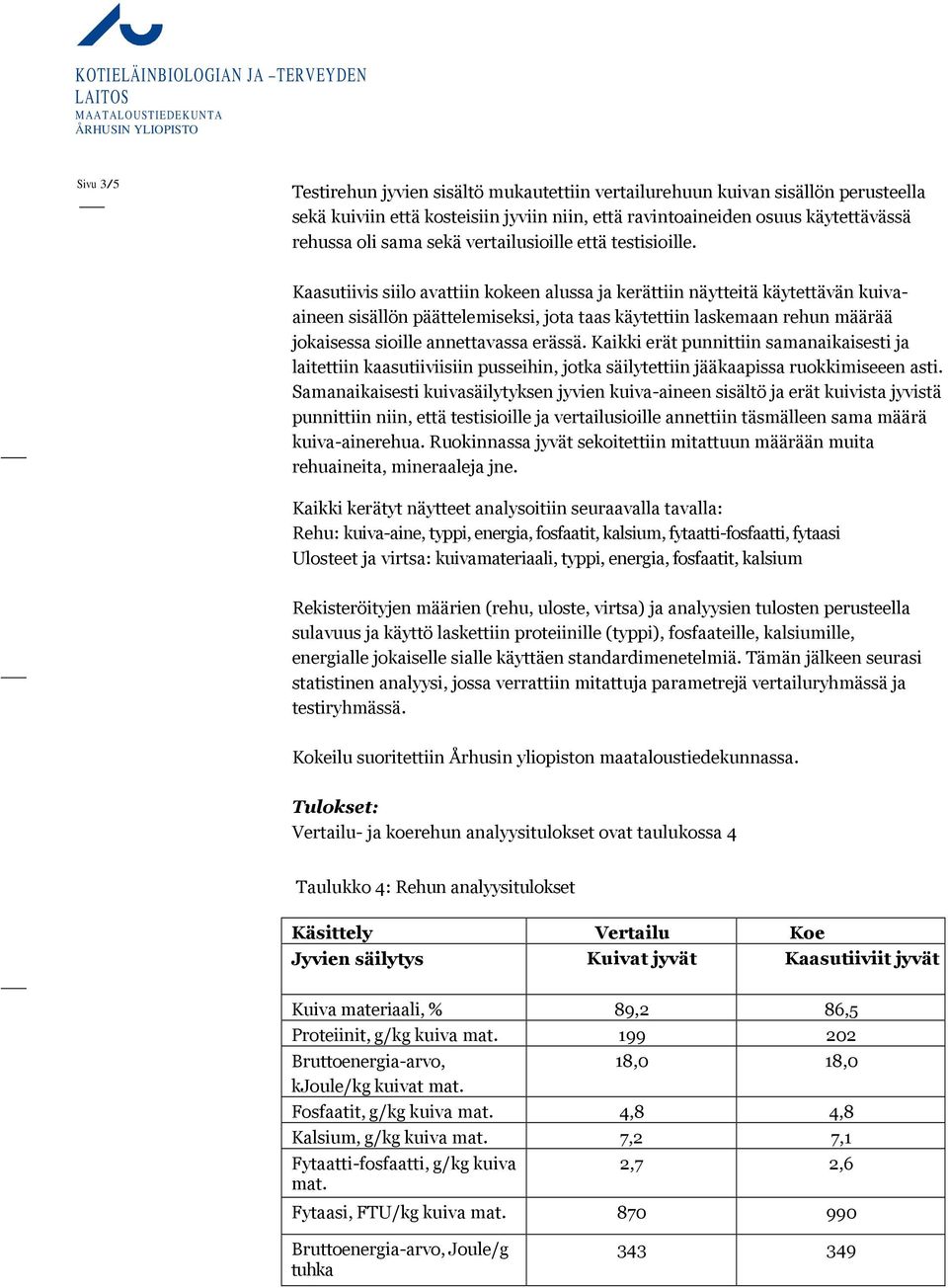 Kaasutiivis siilo avattiin kokeen alussa ja kerättiin näytteitä käytettävän kuivaaineen sisällön päättelemiseksi, jota taas käytettiin laskemaan rehun määrää jokaisessa sioille annettavassa erässä.