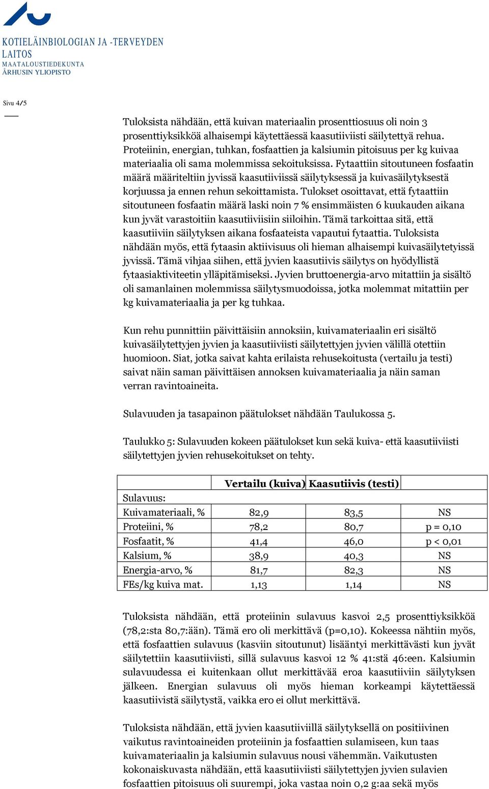 Fytaattiin sitoutuneen fosfaatin määrä määriteltiin jyvissä kaasutiiviissä säilytyksessä ja kuivasäilytyksestä korjuussa ja ennen rehun sekoittamista.