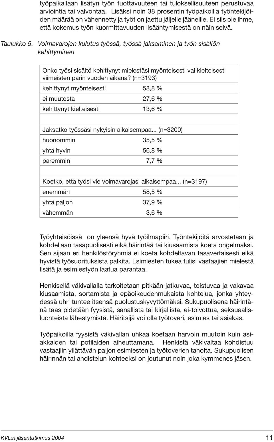 Taulukko 5. Voimavarojen kulutus työssä, työssä jaksaminen ja työn sisällön kehittyminen Onko työsi sisältö kehittynyt mielestäsi myönteisesti vai kielteisesti viimeisten parin vuoden aikana?