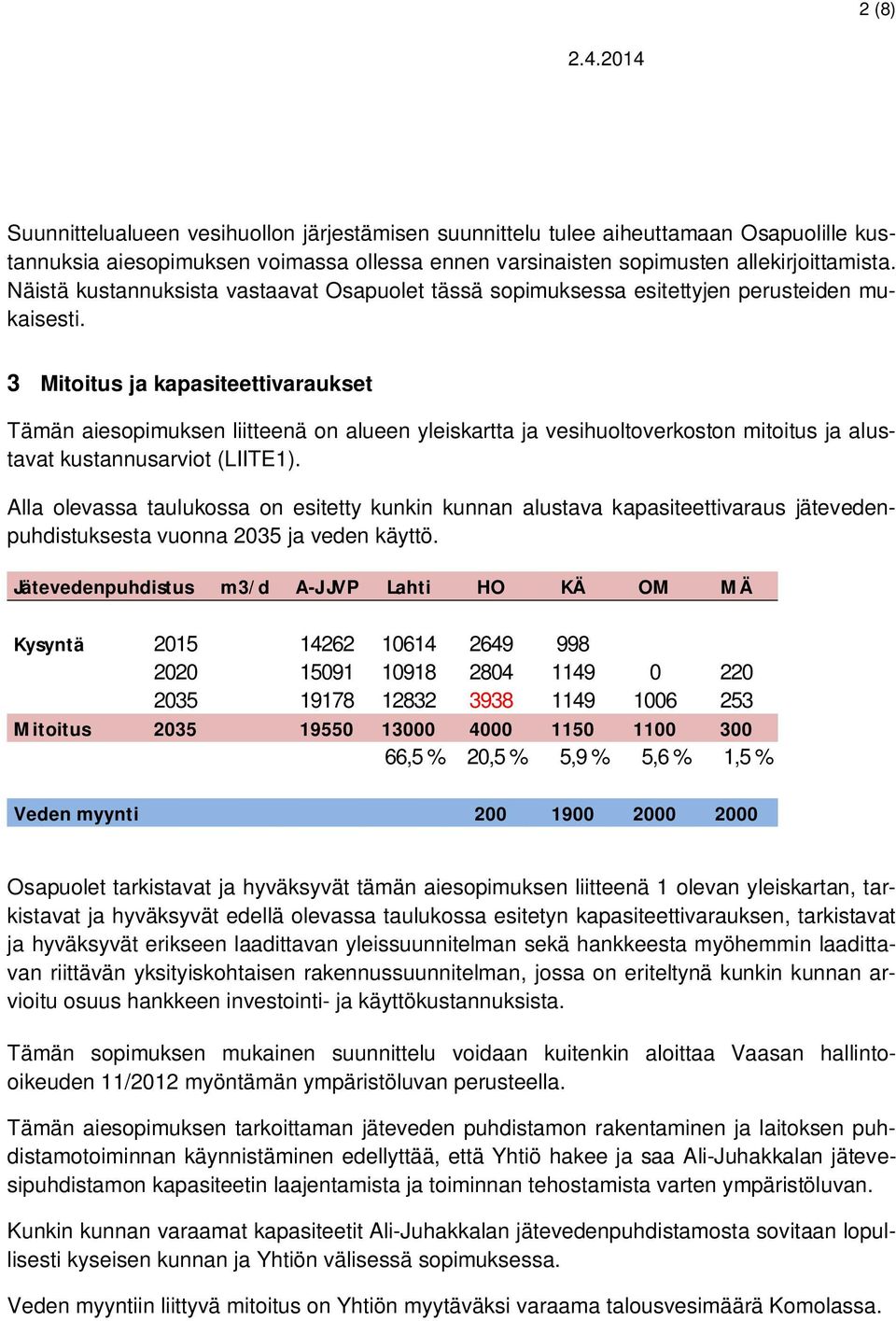 3 Mitoitus ja kapasiteettivaraukset Tämän aiesopimuksen liitteenä on alueen yleiskartta ja vesihuoltoverkoston mitoitus ja alustavat kustannusarviot (LIITE1).