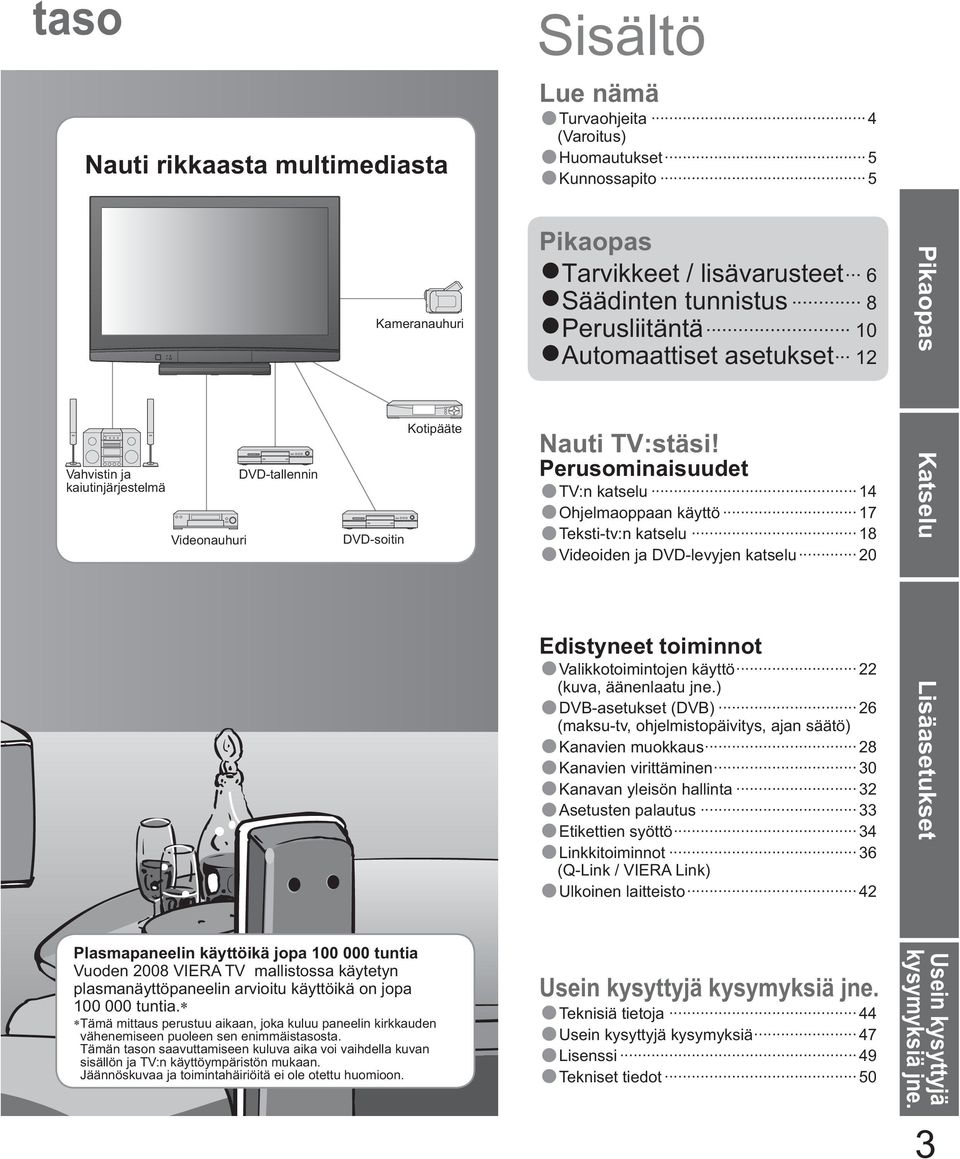 Perusominaisuudet TV:n katselu 14 Ohjelmaoppaan käyttö 17 Teksti-tv:n katselu 18 Videoiden ja DVD-levyjen katselu 20 Edistyneet toiminnot Valikkotoimintojen käyttö 22 (kuva, äänenlaatu jne.