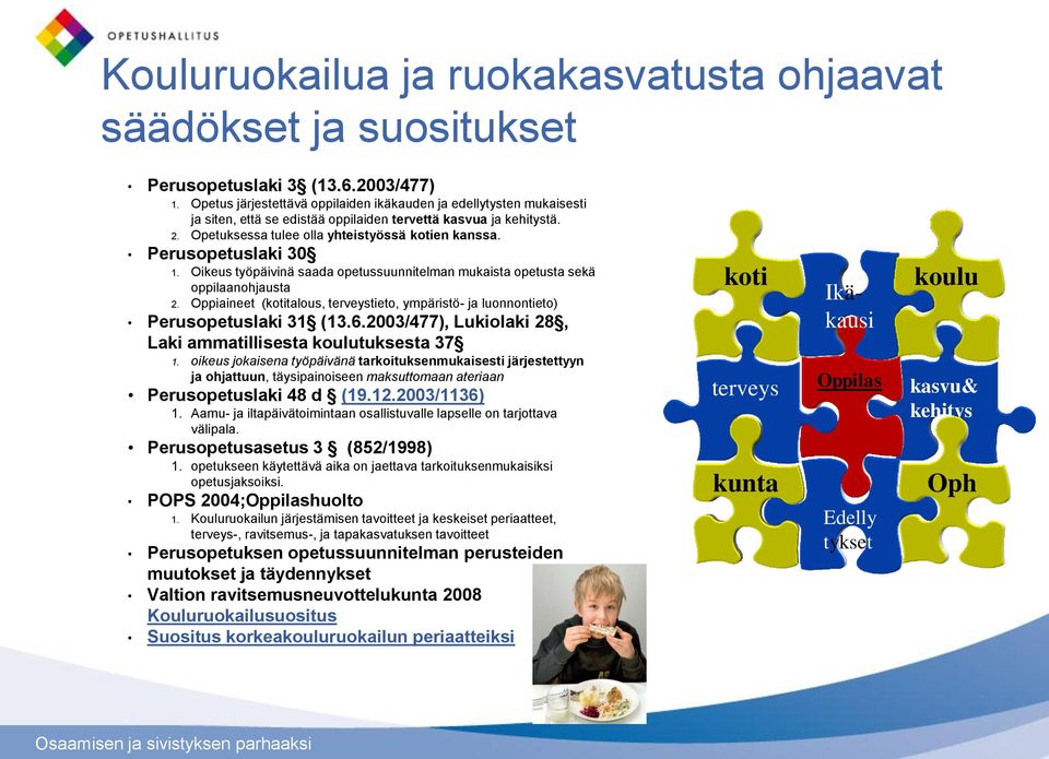 Perusopetuslaki 30 1. Oikeus työpäivinä saada opetussuunnitelman mukaista opetusta sekä oppilaanohjausta 2. Oppiaineet (kotitalous, terveystieto, ympäristö- ja luonnontieto) Perusopetuslaki 31 (13.6.